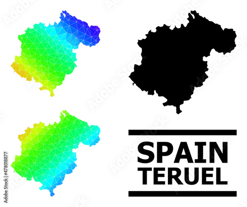 Vector lowpoly spectrum colored map of Teruel Province with diagonal gradient. Triangulated map of Teruel Province polygonal illustration.