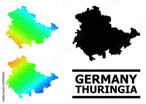 Vector lowpoly spectrum colored map of Thuringia State with diagonal gradient. Triangulated map of Thuringia State polygonal illustration.