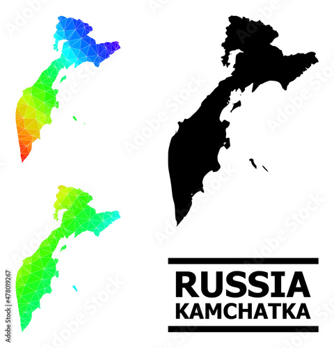 Vector lowpoly spectral colored map of Kamchatka Peninsula with diagonal gradient. Triangulated map of Kamchatka Peninsula polygonal illustration.
