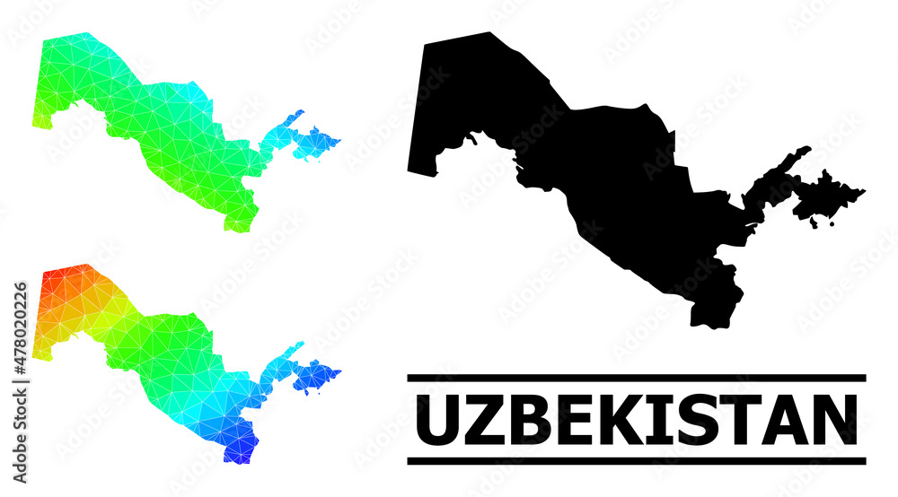 Vector low-poly spectrum colored map of Uzbekistan with diagonal gradient. Triangulated map of Uzbekistan polygonal illustration.