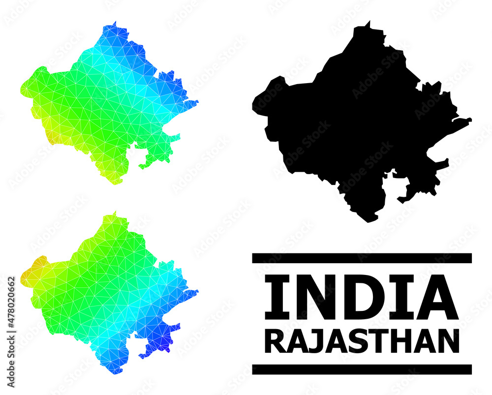 Vector low-poly spectrum colored map of Rajasthan State with diagonal gradient. Triangulated map of Rajasthan State polygonal illustration.
