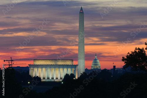 Washington D.C. skyline at night with major monuments in view - Washington D.C. United States of America	