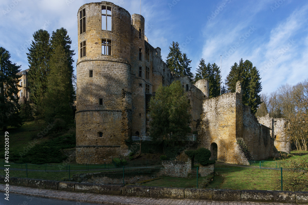 Beaufort castle ruins on spring day at Mullerthal, Luxembourg