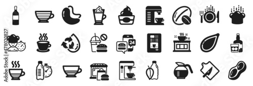 Set of Food and drink icons, such as Food app, Latte coffee, Food market icons. Recycle water, Coffee maker, Wine bottle signs. Fitness water, Pumpkin seed, Doppio. Ice cream, Peanut, Chef. Vector