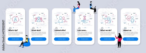 People icons set. UI phone app screens with teamwork. Included icon as Time hourglass, Group, Love signs. Person info, Users, Verification person line icons. Vector