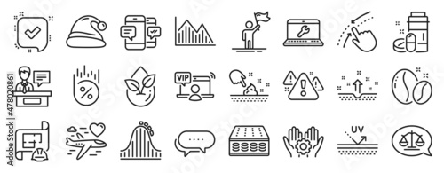 Set of Business icons, such as Uv protection, Mattress, Confirmed icons. Leadership, Medical drugs, Honeymoon travel signs. Employee hand, Investment graph, Coffee beans. Exhibitors. Vector