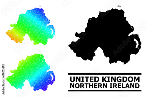 Vector lowpoly rainbow colored map of Northern Ireland with diagonal gradient. Triangulated map of Northern Ireland polygonal illustration.
