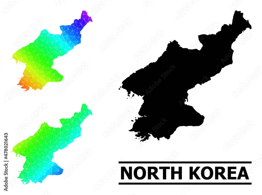 Vector low-poly spectrum colored map of North Korea with diagonal gradient. Triangulated map of North Korea polygonal illustration.