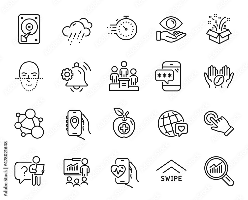 Vector set of Medical food, Phone password and Data analysis line icons set. Rainy weather, Hdd and Coffee icons. Business podium, Notification bell and Touchscreen gesture signs. Vector Vector set of Medical food, Phone password and Data analysis line icons set. Rainy weather, Hdd and Coffee icons. Business podium, Notification bell and Touchscreen gesture signs. Vector