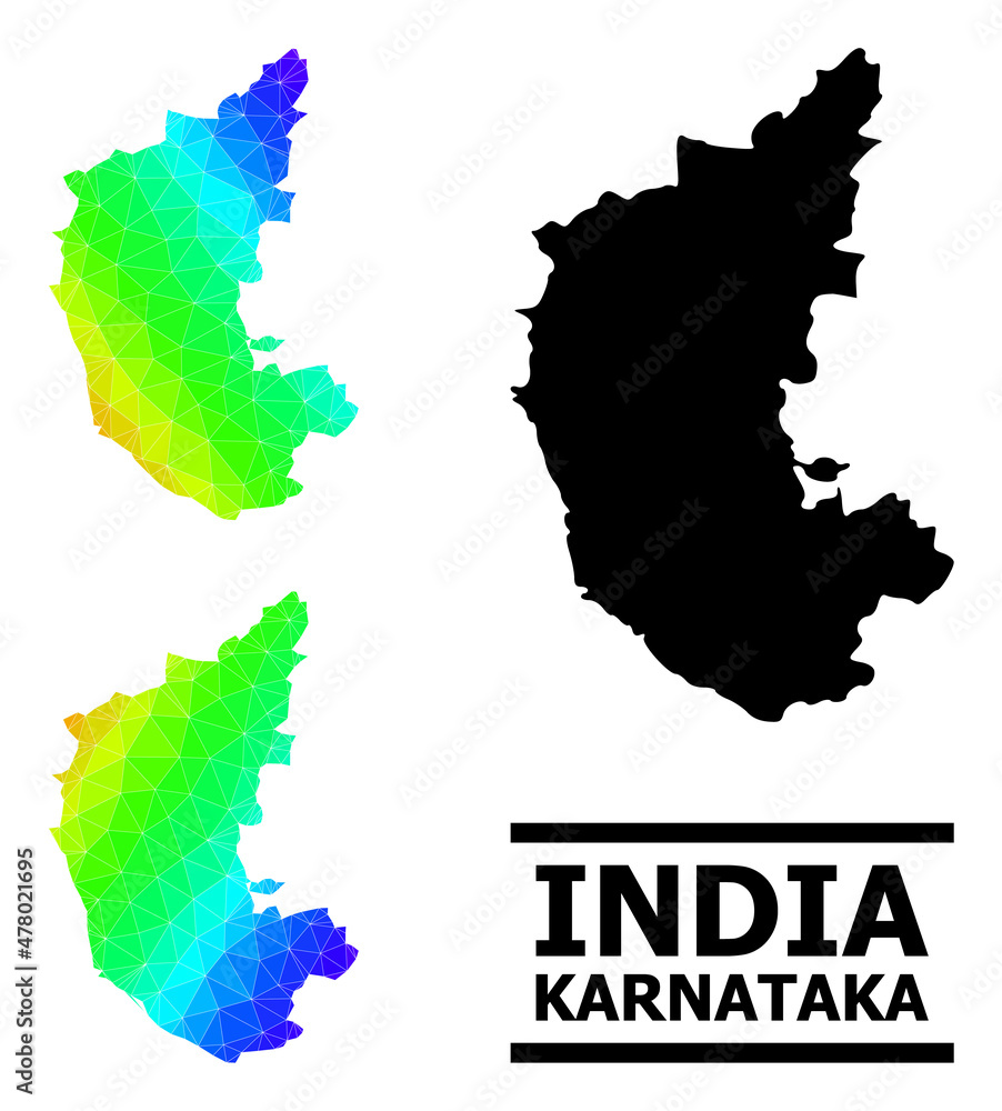 Vector lowpoly spectrum colored map of Karnataka State with diagonal gradient. Triangulated map of Karnataka State polygonal illustration.