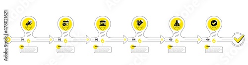 Trade Infographic timeline with 6 steps. Shopping process diagram with Discounts calendar, Shop, Payment and Shopper with purchases icons. Timeline infograph diagram. Vector