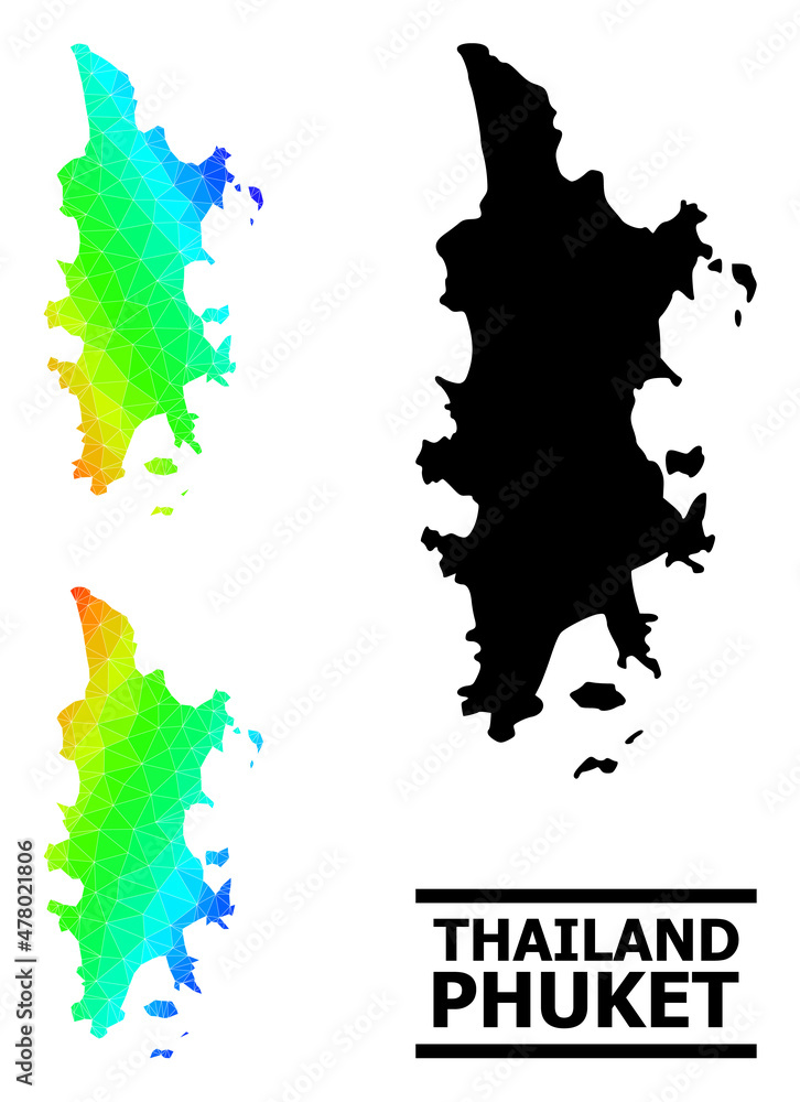 Vector low-poly spectrum colored map of Phuket with diagonal gradient. Triangulated map of Phuket polygonal illustration.