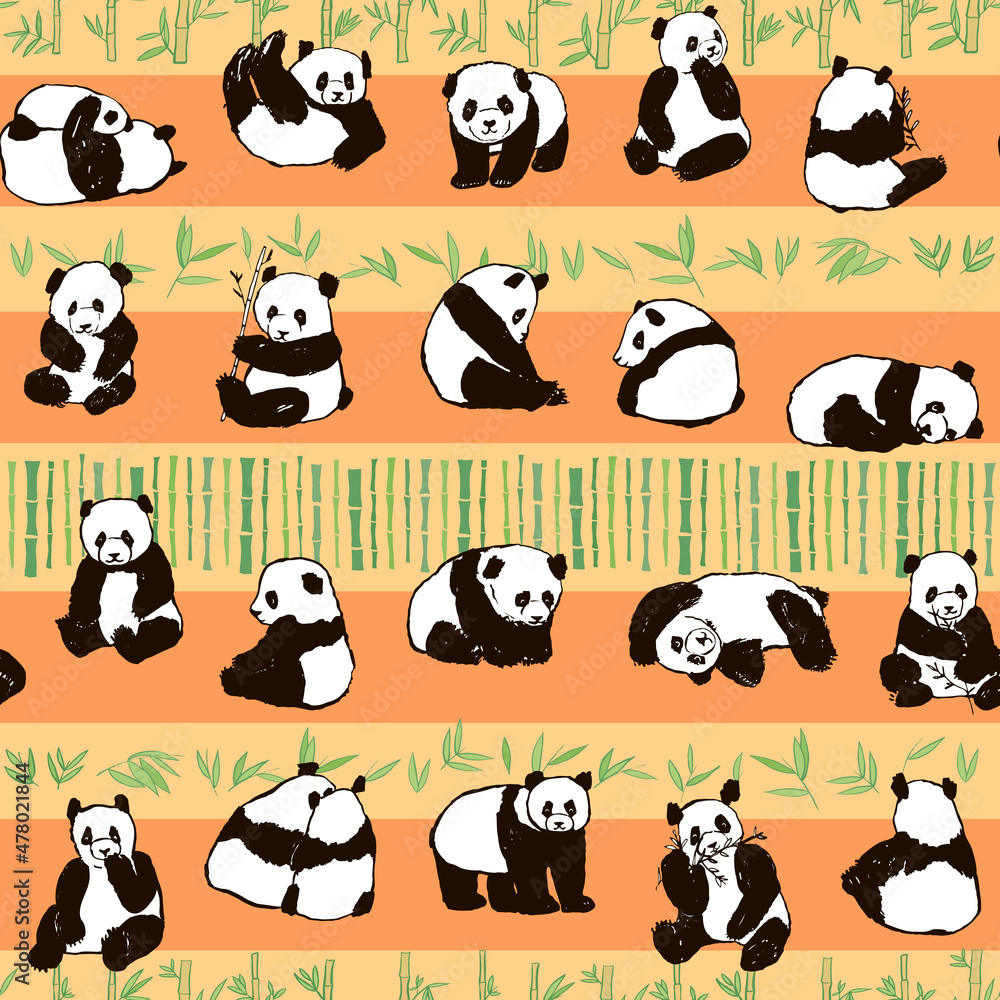 Naklejka premium Panda animal vector seamless striped pattern