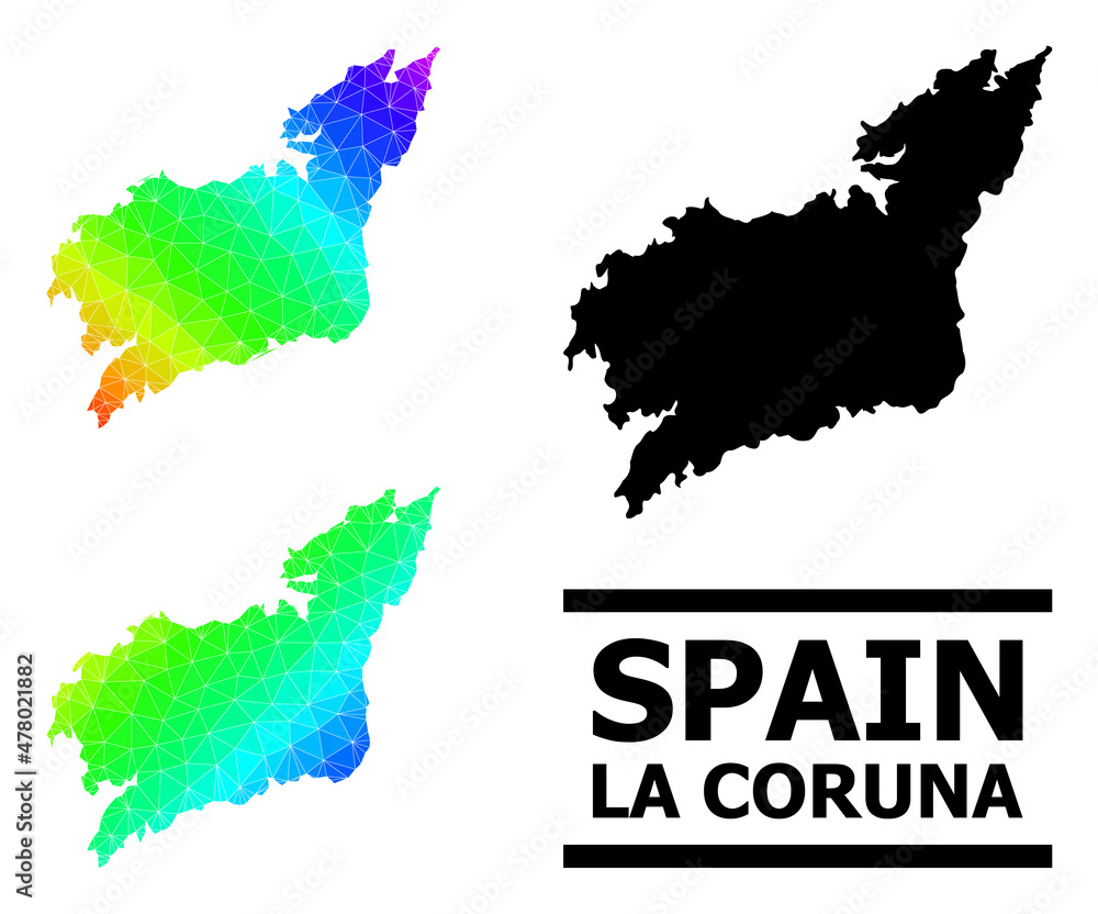 Vector low-poly spectrum colored map of La Coruna Province with diagonal gradient. Triangulated map of La Coruna Province polygonal illustration.