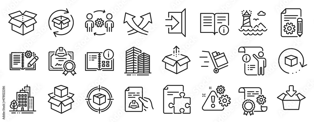 Set of Industrial icons, such as Construction document, Open box, Engineering team icons. Lighthouse, Skyscraper buildings, Technical documentation signs. Parcel tracking, Buildings, Exit. Vector Set of Industrial icons, such as Construction document, Open box, Engineering team icons. Lighthouse, Skyscraper buildings, Technical documentation signs. Parcel tracking, Buildings, Exit. Vector