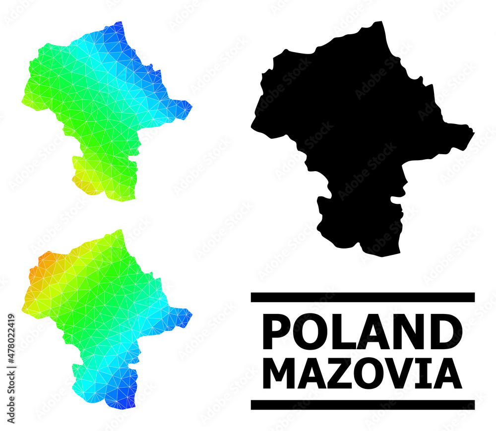 Vector lowpoly rainbow colored map of Mazovia Province with diagonal gradient. Triangulated map of Mazovia Province polygonal illustration.