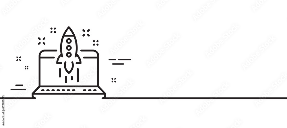 Naklejka premium Start business line icon. Launch crowdfunding project sign. Innovation symbol. Minimal line illustration background. Start business line icon pattern banner. White web template concept. Vector