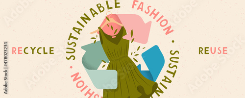 Sustainable fashion. Banner with second hand clothes. Eco-friendly environment. Doodle vector illustration.