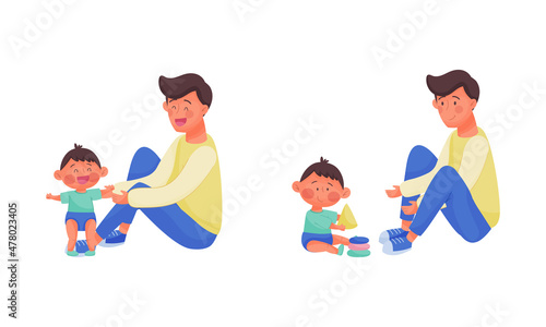 Daddy caring for his baby set. Father playing and having fun with his toddler son vector illustration