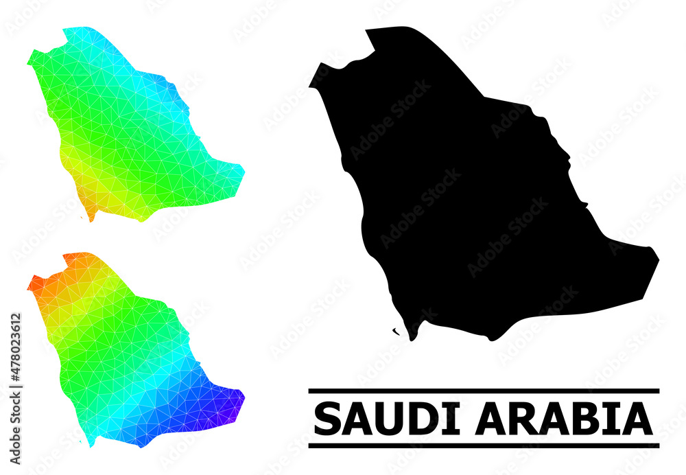 Vector low-poly spectrum colored map of Saudi Arabia with diagonal gradient. Triangulated map of Saudi Arabia polygonal illustration.