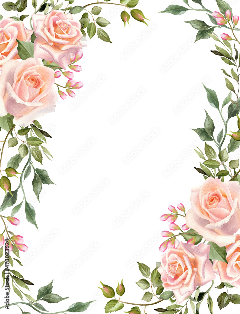 Watercolor floral frame. Bouquet of roses, spring blossom. Vertical  border: blush roses, buds, green leaves, white background. Perfect  for wedding invitation, poster, greeting card, blog decoration