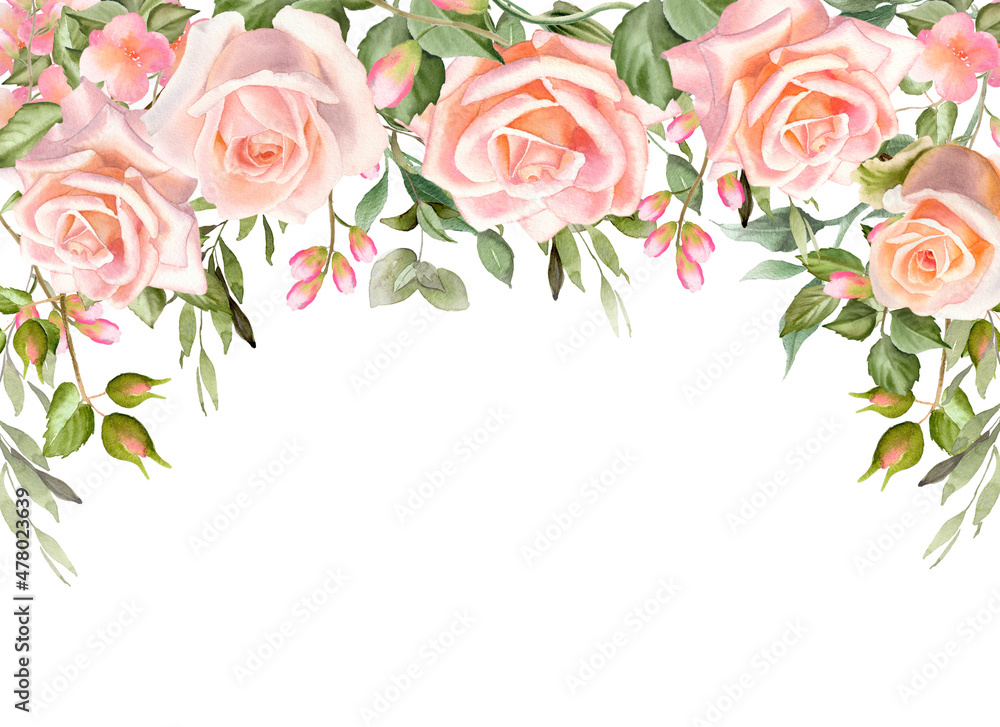 Watercolor floral frame. Bouquet of roses, spring blossom. Horizontal border: blush roses, buds, green leaves, white background. Perfect  for wedding invitation, poster, greeting card, blog decoration
