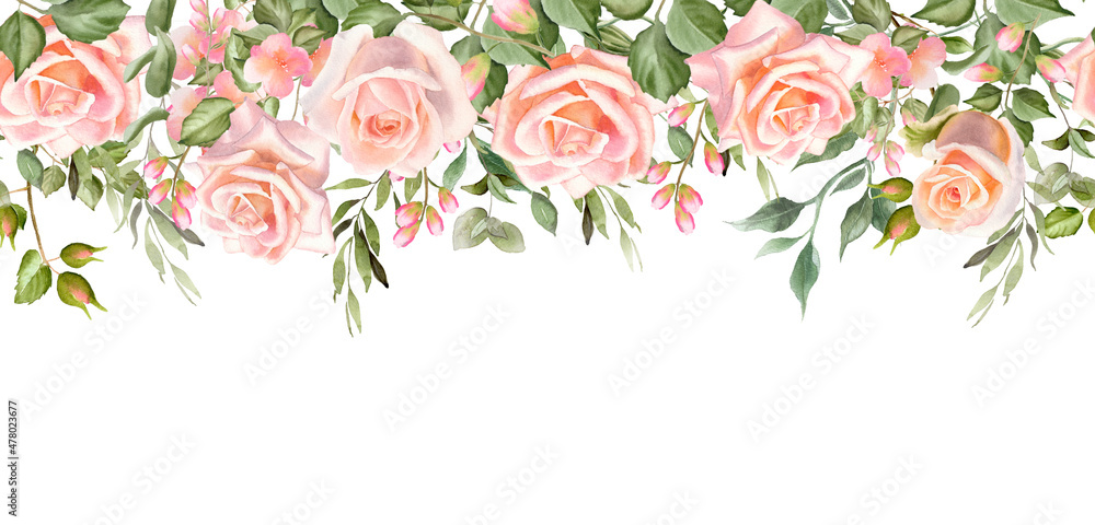 Rose flower repeating border. Seamless pattern isolated on a white background. Watercolor  elegant design for wedding invitation, poster, greeting cards and web design. Floral illustration.