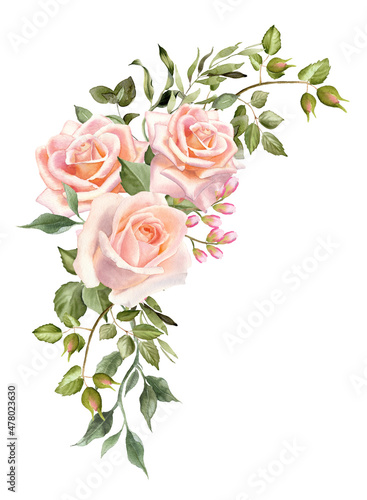 Watercolor bouquet of  blush rose flower isolated on a white background. The trendy elegant design for wedding invitation, poster, greeting cards, stationery  design. Hand drawn floral illustration.