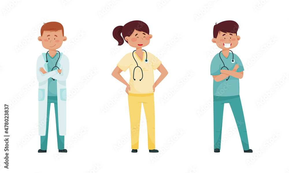 Smiling Man and Woman Doctor with Stethoscope Wearing Medical Uniform Vector Set