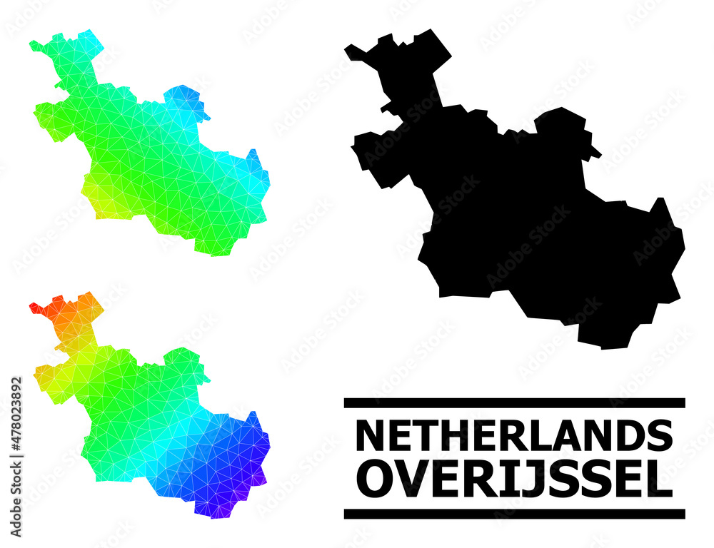 Vector lowpoly rainbow colored map of Overijssel Province with diagonal gradient. Triangulated map of Overijssel Province polygonal illustration.