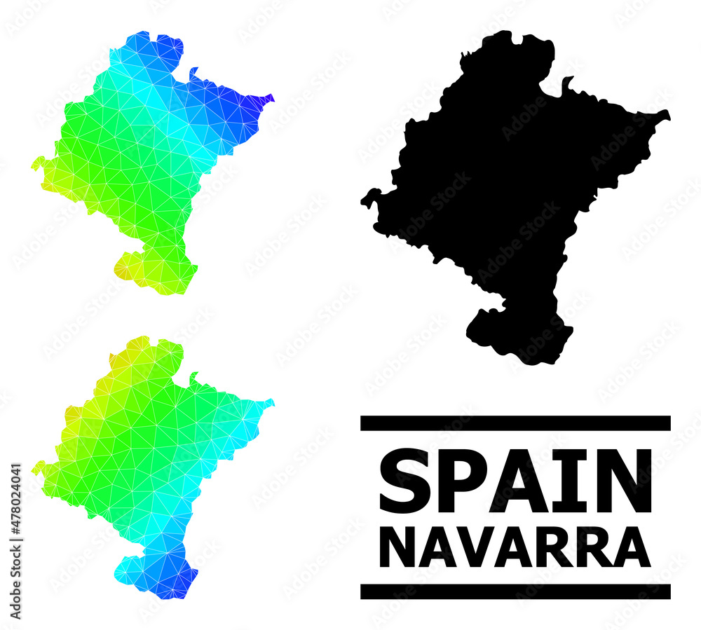 Vector lowpoly spectral colored map of Navarra Province with diagonal gradient. Triangulated map of Navarra Province polygonal illustration.