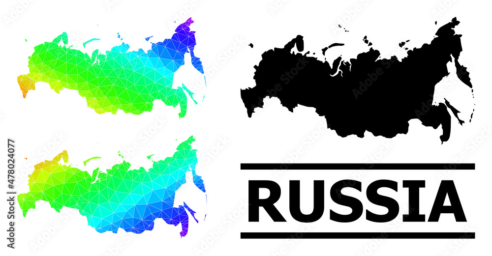 Obraz premium Vector lowpoly rainbow colored map of Russia with diagonal gradient. Triangulated map of Russia polygonal illustration.