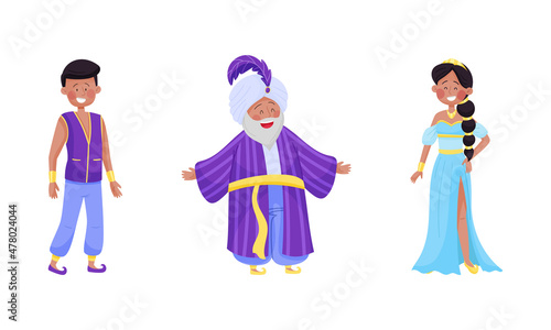 Arabian Fairy Tale Character with Arab Man and Woman Dressed in Fancy Apparel Vector Set