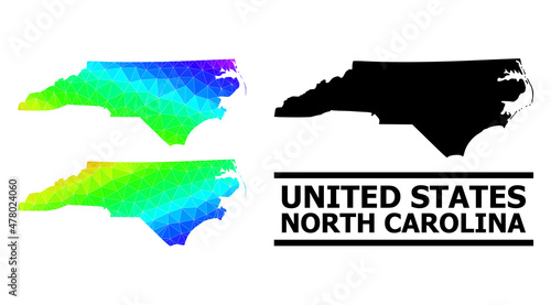 Vector lowpoly rainbow colored map of North Carolina State with diagonal gradient. Triangulated map of North Carolina State polygonal illustration.