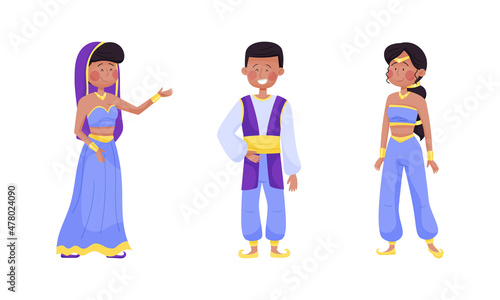Arabian Fairy Tale Character with Arab Man and Woman Dressed in Fancy Apparel Vector Set