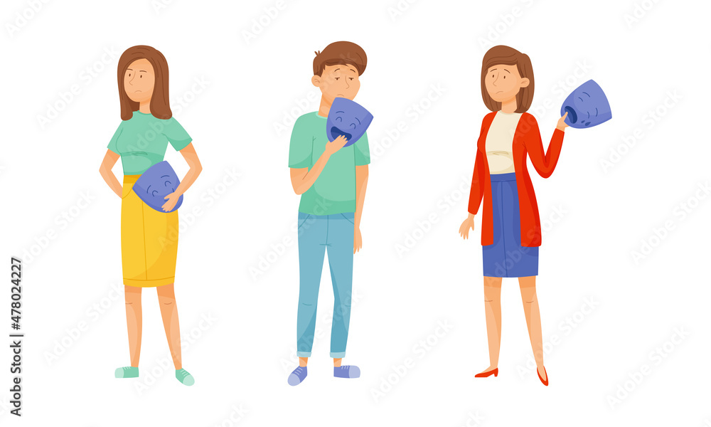 Fototapeta premium Young Man and Woman Holding Emotion Mask Hiding Personality or Individuality Vector Set
