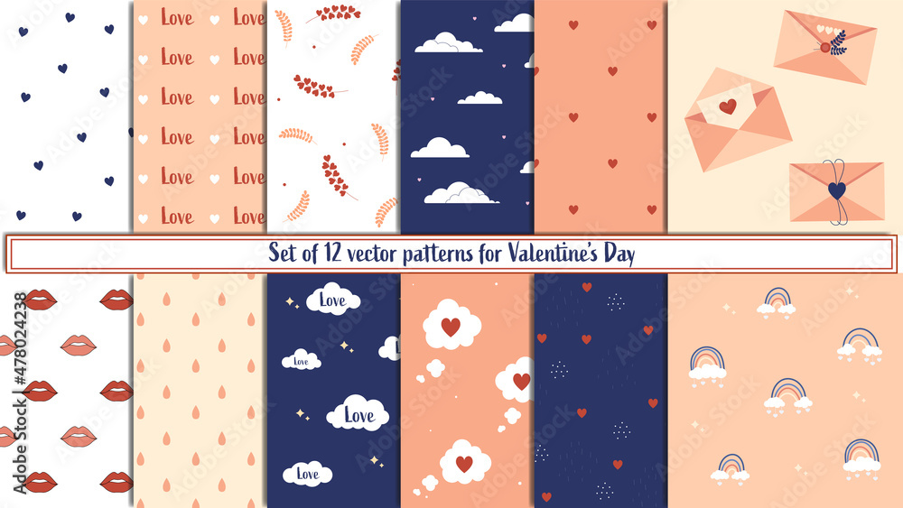 Obraz premium Set of vector patterns for valentine's day, Valentine's Day, February 14, minimalistic, holiday cards, messages of love, set of patterns with hearts