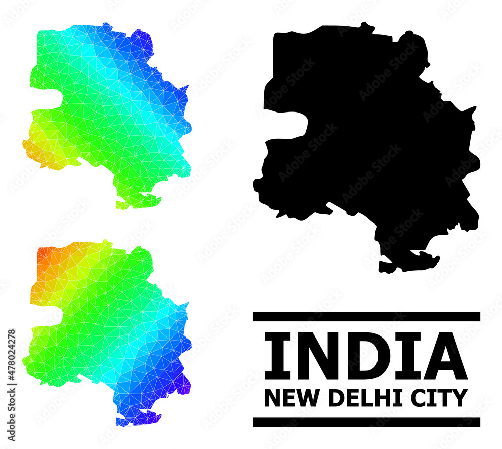 Vector lowpoly spectral colored map of New Delhi City with diagonal gradient. Triangulated map of New Delhi City polygonal illustration.