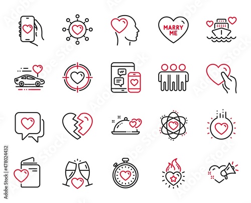 Vector Set of Love icons related to Wedding glasses, Valentine target and Honeymoon cruise icons. Dating app, Love and Hold heart signs. Break up, Friend and Friendship. Dating network. Vector