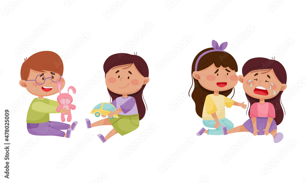 Friendly Little Kids Cheering Up Agemate and Sharing Toys Vector Set Friendly Little Kids Cheering Up Agemate and Sharing Toys Vector Set