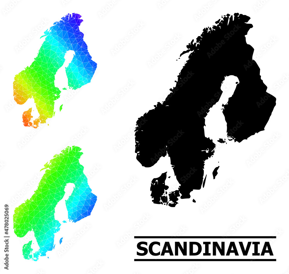 Vector low-poly spectral colored map of Scandinavia with diagonal gradient. Triangulated map of Scandinavia polygonal illustration.