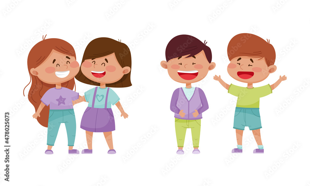 Friendly Little Kids Embracing and Laughing Out Loud Vector Set