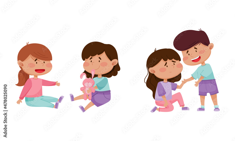 Friendly Little Kids Supporting and Sharing Toy Hare with Agemate Vector Set Friendly Little Kids Supporting and Sharing Toy Hare with Agemate Vector Set