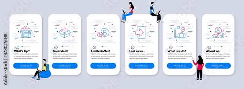 Business icons set. UI phone app screens with teamwork. Included icon as Coal trolley, Refresh bitcoin, Baggage reclaim signs. Open box, Login, Career ladder line icons. Vector