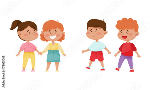 Friendly Little Kids Holding Hands and Walking Vector Set