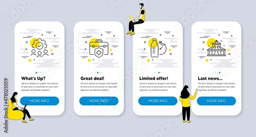 Vector Set of Business icons related to Medical insurance, Teamwork and Fitness water icons. UI phone app screens with people. Circus line symbols. Risk coverage, Workflow, Drink bottle. Vector