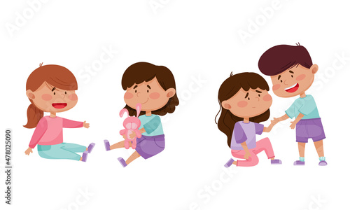 Friendly Little Kids Supporting and Sharing Toy Hare with Agemate Vector Set