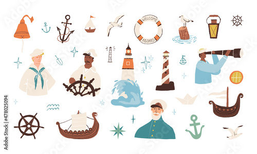 Fototapeta Naklejka Na Ścianę i Meble -  Nautical set. Sea conquerors, Captains, sailors watching in the field scope, lighthouses, steering wheel, anchor, ships.