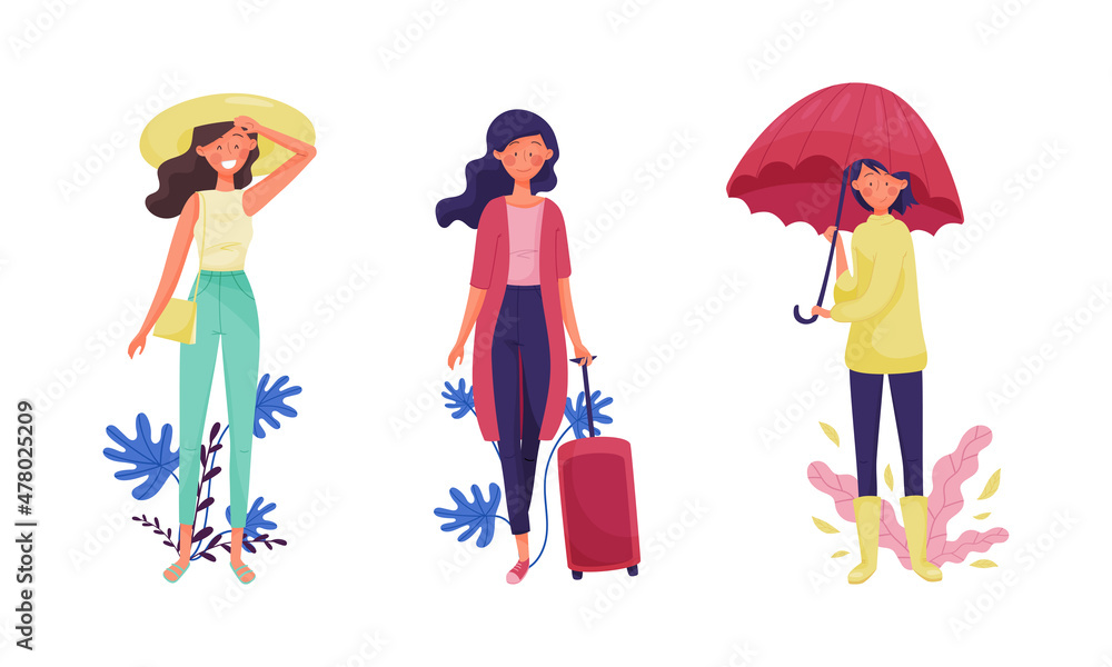 Young Woman Traveling with Luggage and Walking with Umbrella Vector Set