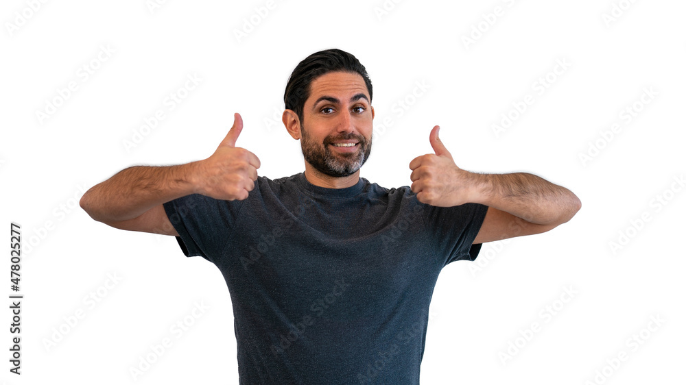 Fototapeta premium Caucasian man showing thumb up and standing on white background